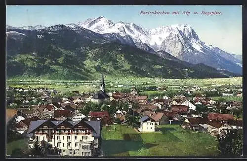 AK Partenkirchen, Generalansicht mit Alp- und Zugspitze