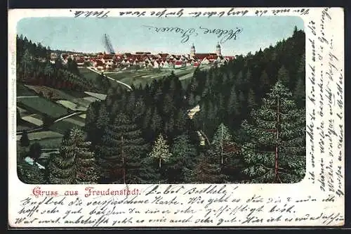 Künstler-AK Freudenstadt, Ortsansicht aus der Ferne