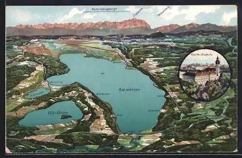 AK Andechs, Kloster Andechs, Panorama von Ammersee und Wörthsee