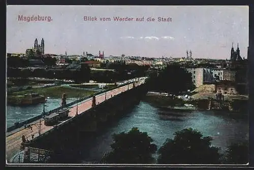 AK Magdeburg, Blick vom Werder auf die Stadt, Strassenbahn