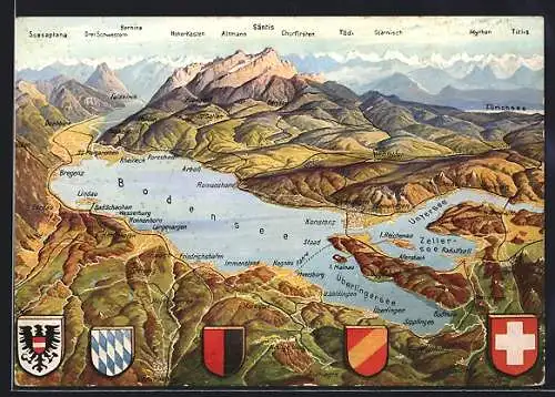 Künstler-AK Friedrichshafen /Bodensee, Bodensee-Panorama von oben mit Bergen und Orten, Wappen