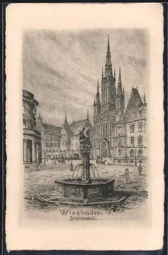 Künstler-AK Wiesbaden, Schlossplatz mit Brunnen