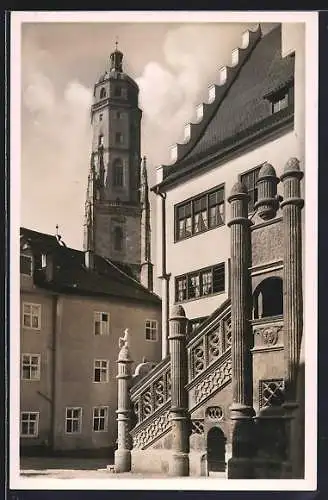 AK Nördlingen, Rathaustreppe mit Turm Daniel