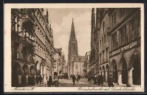 AK Münster i. W., Prinzipalmarkt mit Lambertikirche, Gasthaus Restauration H. Lücke