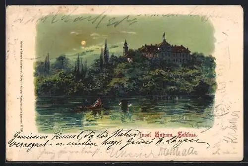 Lithographie Insel Mainau, Seepartie mit Teilansicht vom Schloss bei Vollmond