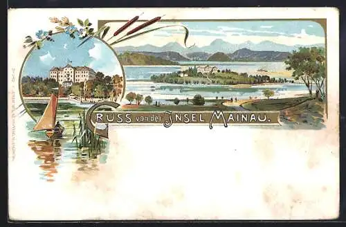 Lithographie Mainau, Panoramablick auf die Insel im Bodensee