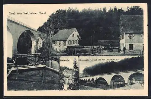 AK Welzheim, Wasserfall, Eisenbahnviadukt bei der Laufenmühle