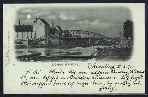 Mondschein-AK Straubing, Donau-Brücke