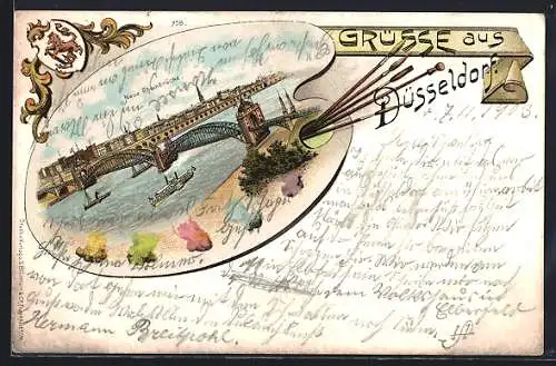 Passepartout-Lithographie Düsseldorf, Neue Rheinbrücke auf einer Palette