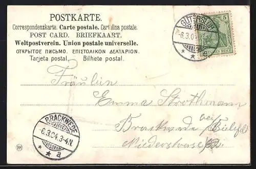 AK Gütersloh /Westfalen, Teilansicht mit Vergissmeinnicht, Passepartout