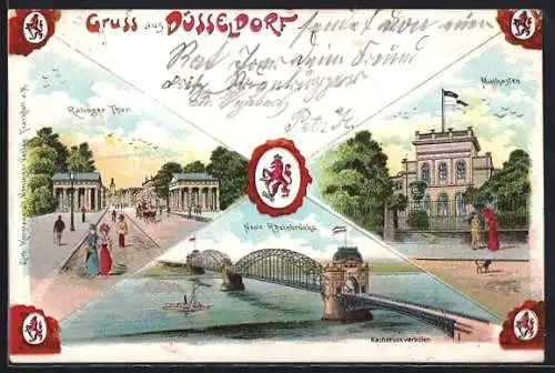 Lithographie Düsseldorf, Malkasten, Ratinger Tor, Neue Rheinbrücke, Wappen