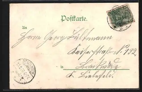 Lithographie Düsseldorf, Malkasten, Ratinger Tor, Neue Rheinbrücke, Wappen