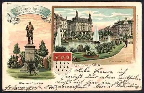 Lithographie Köln-Neustadt, Bismarck-Denkmal, Partie am deutschen Ring