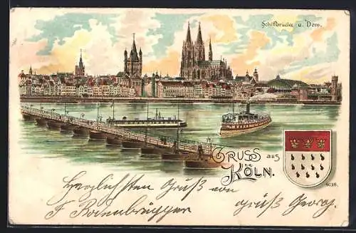 Lithographie Köln, Schiffbrücke und Dom mit Wappen