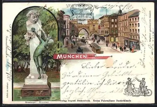 Lithographie München, Pferdebahn am Karlsthor, Gasteiger Brunnen