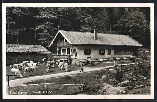 AK Kreuth i. Obb., Gasthof Schwaigeralm mit Kühen