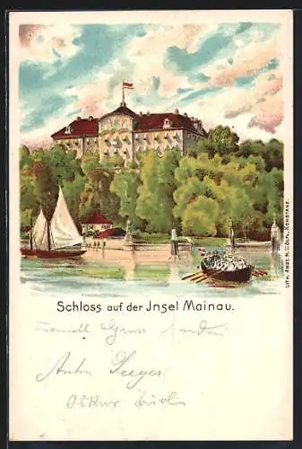 Lithographie Insel Mainau, Schloss vom Wasser aus