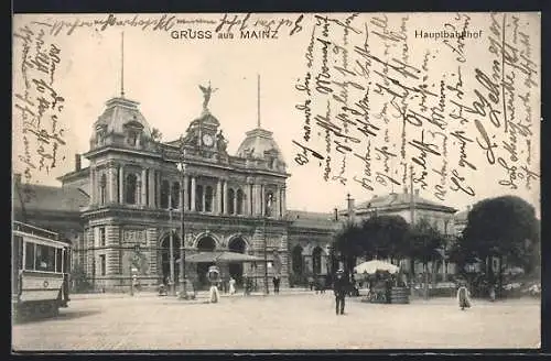 AK Mainz, Hauptbahnhof mit Strassenbahn