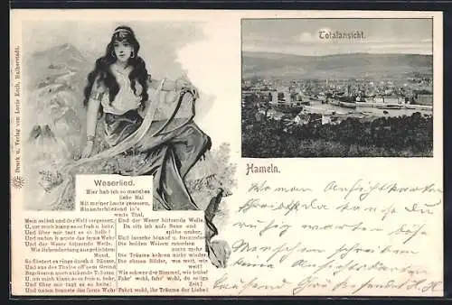AK Hameln, Totalansicht, Frau mit Lyra, Weserlied