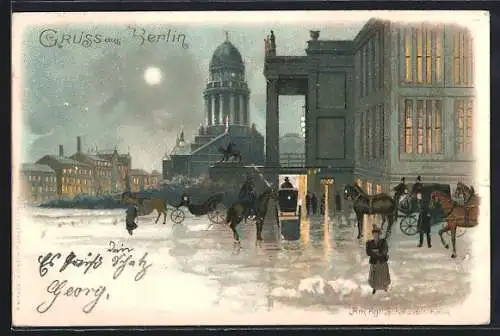 Winter-Lithographie Berlin, Am Kgl. Schauspielhaus, Gendarmenmarkt