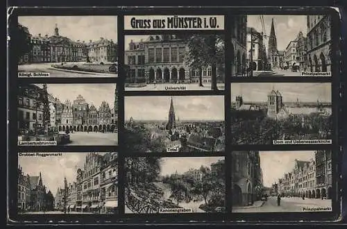 AK Münster i. W., Königliches Schloss, Universität, Dom und Ueberwasserkirche