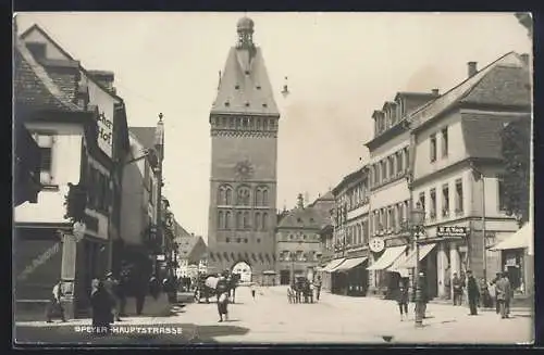 AK Speyer, Hauptstrasse am Tor mit Geschäften