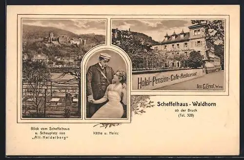 AK Heidelberg, Hotel-Pension-Cafe-Restaurant Scheffelhaus-Waldhorn, Käthe und Heinz