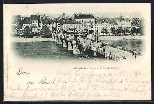AK Basel, Alte Rheinbrücke mit Klein-Basel