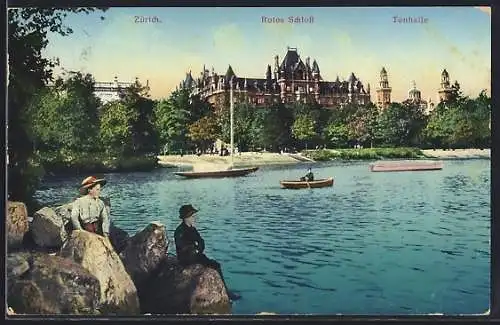 AK Zürich, Rotes Schloss und Tonhalle vom Wasser aus