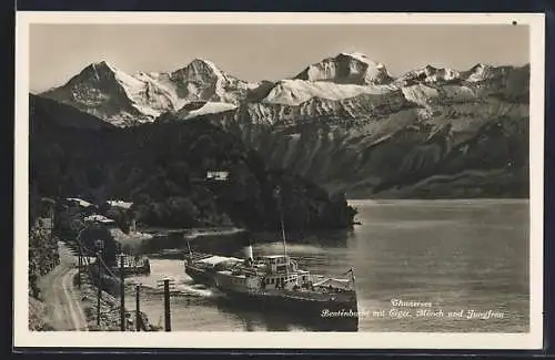 AK Beatenberg, Beatenbucht am Thunersee mit Salondampfer Beatus und Blick auf Eiger, Mönch und Jungfrau