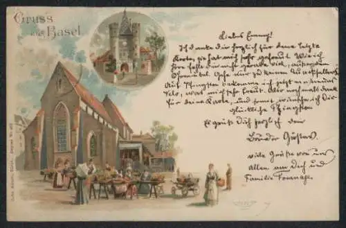 Lithographie Basel, Kirche mit Markt, Tor