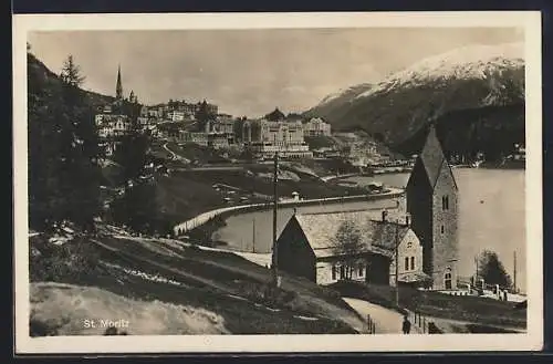 AK St. Moritz, Teilansicht mit Kirche und Strassenpartie