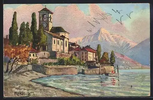 Künstler-AK Brissago, Uferpartie mit Kirche