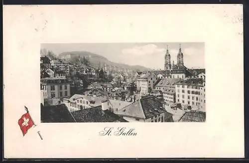 AK St. Gallen, Teilansicht mit Kirche, Flagge