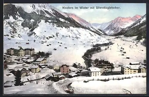 AK Klosters, Teilansicht mit Silvrettagletscher im Winter