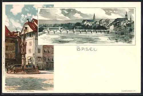 Künstler-Lithographie Karl Mutter: Basel, zwei Ansichten