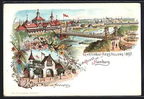 Lithographie Hamburg, Gartenbau-Ausstellung 1897, Ausstellungshalle und Brücke, Tor am Holstenplatz