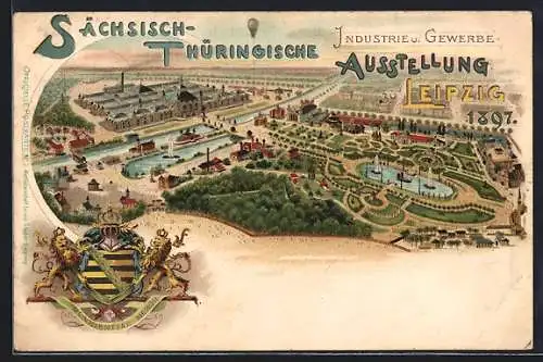 Lithographie Leipzig, Sächsisch Thüringische Industrie & Gewerbe-Ausstellung 1897, Ausstellungsgelände mit Wappen