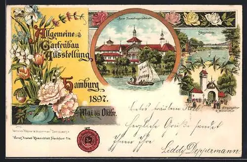 Lithographie Hamburg, Allgemeine Gartenbau-Ausstellung 1897, Eingangstor b. Millerntor, Hängebrücke, Blumen in Vase