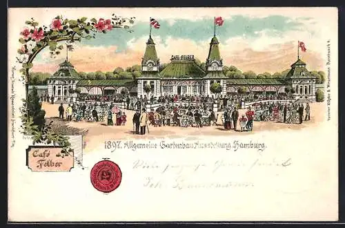 Lithographie Hamburg, Allgemeine Gartenbau Ausstellung 1897, Am Café Felber