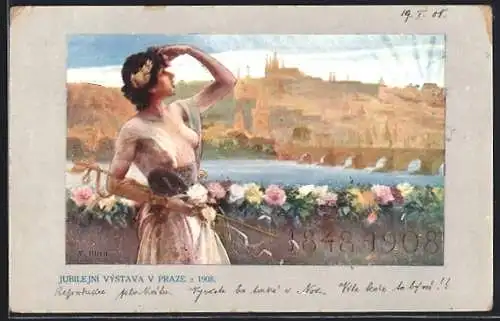 Künstler-AK Prag, Jubiläums-Ausstellung 1908, Frau mit nackten Brüsten hält Ausschau, Stadtpanorama, Jugendstil