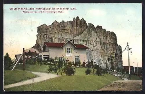 AK Reichenberg, Deutschböhmische Ausstellung 1906, Alpenpanorama & Reichenberger Hütte