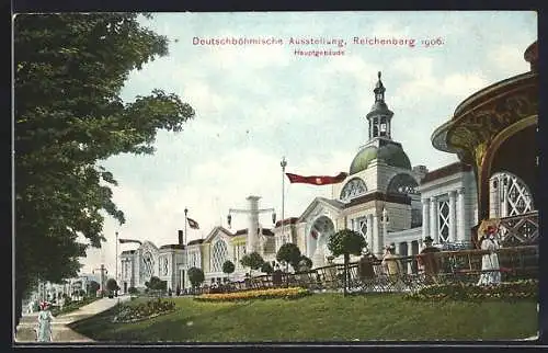 AK Reichenberg, Deutschböhmische Ausstellung 1906, Hauptgebäude mit Grünanlage1906