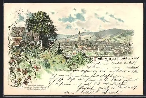 Lithographie Freiburg i. B., Teilansicht mit St. Lorettokapelle