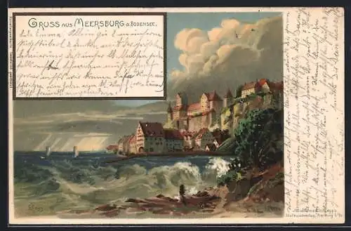 Lithographie Meersburg, Bodenseepartie mit Blick zum Ort