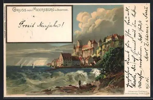 Lithographie Meersburg, Bodenseepartie mit Blick zum Ort