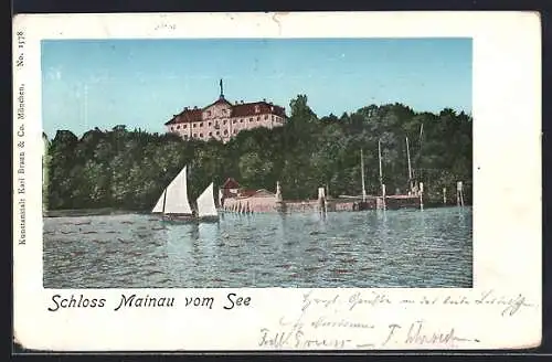 Goldfenster-AK Mainau im Bodensee, Schloss Mainau mit leuchtenden Fenstern