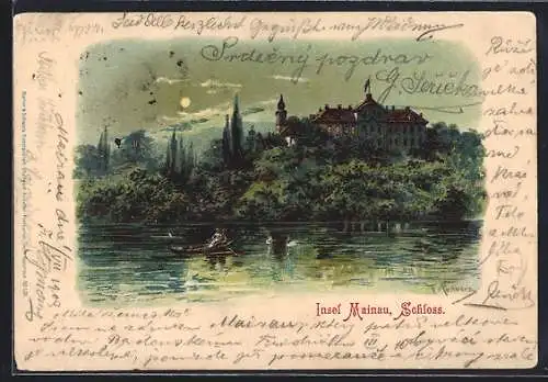 Lithographie Insel Mainau, Seepartie mit Teilansicht vom Schloss bei Vollmond