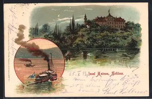 Lithographie Insel Mainau, Schloss vom See, Dampfer in Fahrt