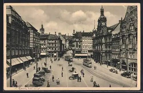 AK Pforzheim, Marktplatz mit Strassenbahnen, Geschäfts- und Häuserfassaden